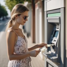 Relaxed young woman withdraws money from a sunny ATM, AI generated