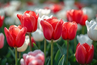 A cluster of red and white tulips in sharp focus, showcasing their vibrant colors, AI generated