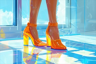 Colorful illustration of a person's legs wearing shiny orange high heels, AI generated