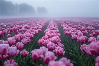 Rows of pink tulips in a field enveloped by morning fog, AI generated