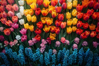 A diverse and colorful array of tulips and other flowers in a dense bed, AI generated