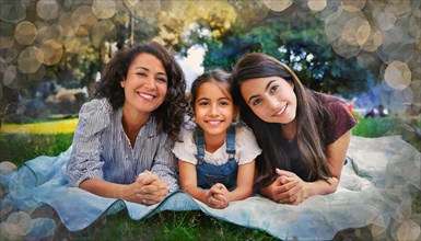 Family of three lying on a blanket in a park, surrounded by bokeh light effects, AI generated