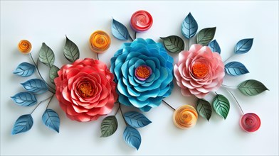 A vibrant paper craft display of a large blue flower and red roses with teal leaves on white, ai