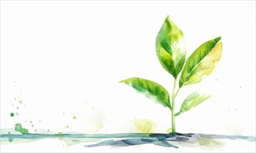 Watercolor illustration of a young tree sprout with bright green leaves AI generated