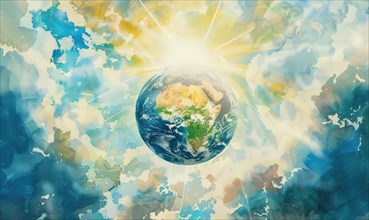 Watercolor illustration of the Earth globe with clouds and sun rays in the background AI generated