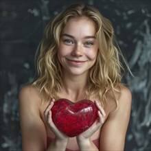 Smiling young woman presents a glittering red heart, AI generated