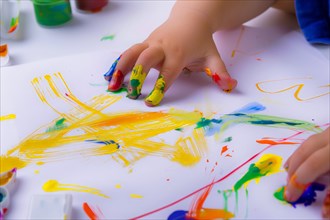 Children's hands with finger paint, promotion of fine motor skills, sensory skills, creativity, AI