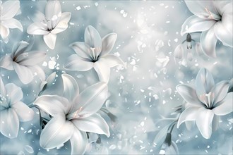 Serene image of white lilies with soft bokeh on a pastel blue background, illustration, AI