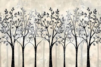 Decorative botanical illustration of symmetrical trees on a beige background, illustration, AI