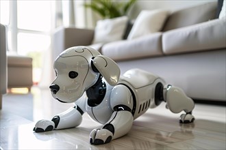Cute robotic dog on livingr oom floor. KI generiert, generiert, AI generated