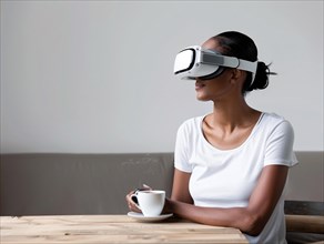 A woman enjoying a VR experience while holding a coffee mug, seated at a wooden table, AI generated