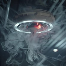 A smoke detector on the ceiling triggers, surrounded by thick smoke, AI generates, AI generated