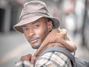 Stylish man in streetwear with a hat and plaid shirt, urban background behind him, AI generated