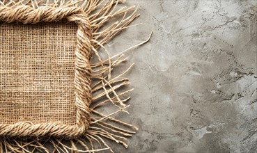 Delicate jute frame on minimalistic natural material, space for text, ecology nature background AI
