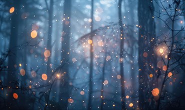 Ethereal bokeh lights diffusing through mist in a mystical woodland, nature background AI generated