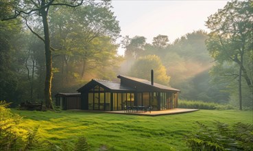 Morning mist enveloping a contemporary wooden cabin hidden deep within a spring garden filled with