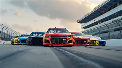 A dynamic view of colorful race cars lined up on the track, showcasing speed and competition under