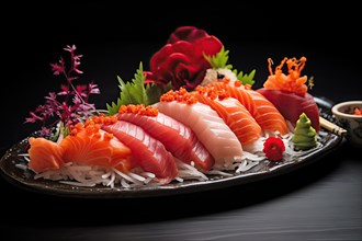 Exquisite Sushi Platter with Fresh Sashimi and Soy Sauce, AI generated