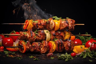 Gourmet Grilled Meat Skewers Shashlik with Fresh Vegetables, AI generated