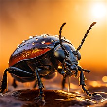 Namib desert beetle in morning fog water droplets on back survival adaptations, AI generated