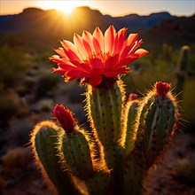 Saguaro cactus with vibrant flower in full bloom in early morning light, AI generated