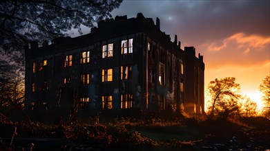 Neglected hospital building haunting silhouette at twilight, AI generated, hospital, damage,