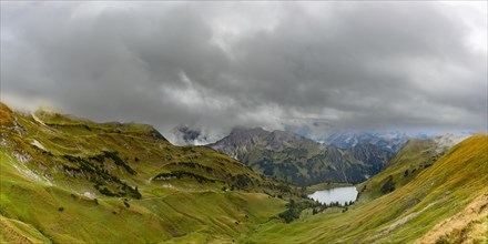 Panorama from Zeigersattel to Seealpsee, on the left behind the Hoefats 2259m, Allgaeu Alps,