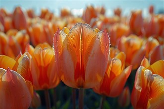 Close-up of water droplets on backlit orange tulips, AI generated