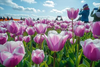 Visitors enjoying a beautiful spring day in a field of purple and white tulips, AI generated