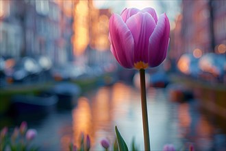 Single pink tulip against a soft-focused Amsterdam canal at sunset, AI generated
