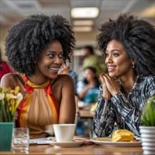 Two women with afro hairstyles smiling and interacting in a cafeteria, AI generated