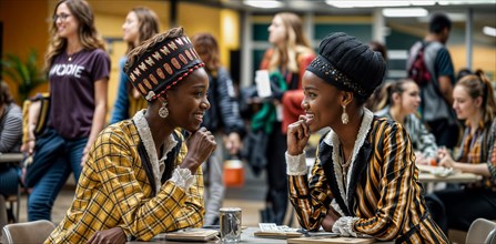 Two women in cultural attire having a candid conversation in a college cafeteria, AI generated