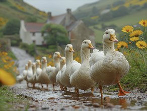Geese walk in a row in a wet field with yellow flowers, AI generated, AI generated, AI generated