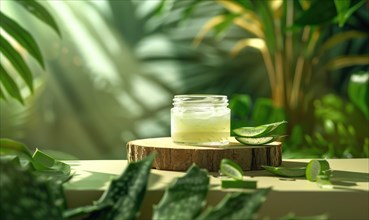 A blank jar mockup of aloe vera gel product placed atop a wooden produce podium AI generated