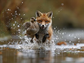 A fox catches a duck in the water, water splashes around, AI generated, AI generated, AI generated