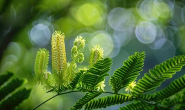 A close-up view of Mimosa seed pods against a blurred background of lush foliage AI generated
