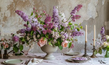 A floral arrangement featuring lilacs and laburnums on a dining table AI generated