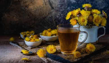 Cosy tea set-up with coltsfoot and fresh flowers arranged on a wooden table, coltsfoot tea,