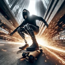 Skateboarder with bionic limbs and hooded jacket gliding on an urban road, generating sparks, AI