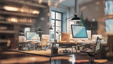 An elegant modern office interior with a blurred effect creating depth of field, AI generated