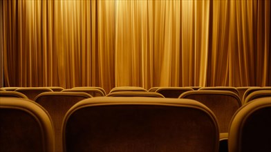 An empty theater with a gold curtain and rows of chairs. Generative AI, AI generated