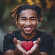 Cheerful young man with dreadlocks presents a red heart and radiates happiness, AI generated