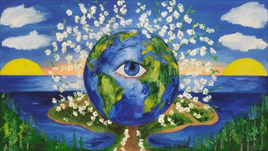 Colorful painting featuring Earth as an eye's pupil with flowers and sunsets, AI generated