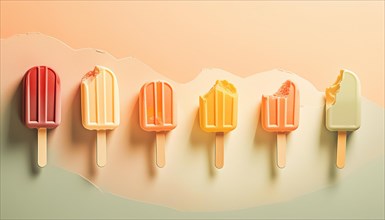 Cracked and melting pastel popsicles against a dual-tone pink and orange background, horizontal, AI