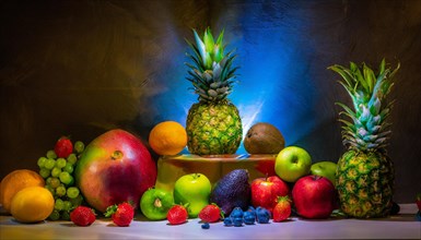 Vibrant and colorful display of various fruits with dramatic lighting and tropical pineapples,