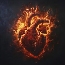 A heart in the midst of intense flames against a dark background, AI generated