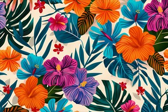 Vibrant tropical floral pattern with colorful leaves and flowers, illustration, AI generated