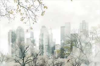 Urban landscape with city buildings disintegrating into autumn trees and fog, illustration, AI