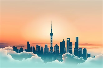 Vector art of a serene cityscape at sunset above the clouds, illustration, AI generated