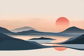 Minimalist landscape with mountains at sunset and their reflection in water, illustration, AI